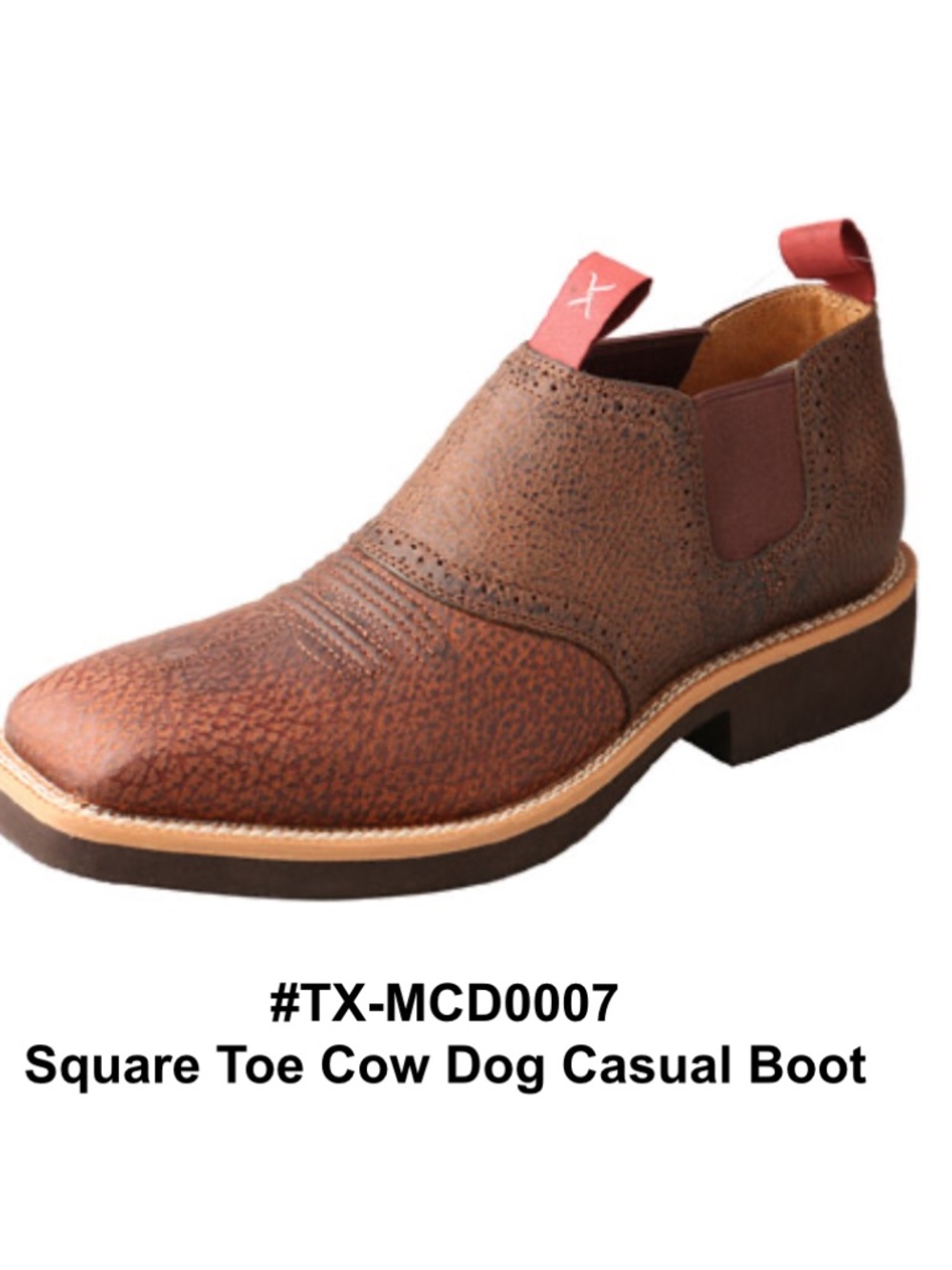 Twisted X Brown Square-Toe Slip-On Cowboy Boot with Red Pull Tabs